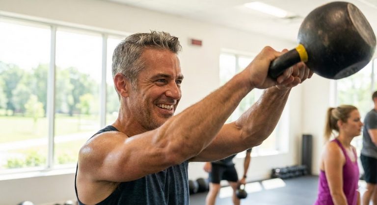 A middle-aged man with grey hair, smiling and full of energy, performs a kettlebell swing during a gym workout, symbolizing the vitality and fitness benefits of maintaining optimal vitamin levels.