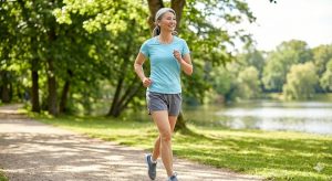 Middle-aged woman jogging comfortably outdoors, displaying renewed energy resulting from better sleep quality and improved urinary health.