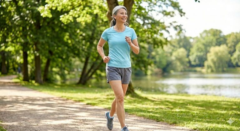 Middle-aged woman jogging comfortably outdoors, displaying renewed energy resulting from better sleep quality and improved urinary health.
