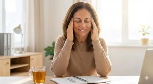 A middle-aged woman with a relaxed, smiling expression sits at a desk in a home office, gently rubbing her temples with her eyes closed, signifying relief from stress or a headache. A mug of tea and a notebook are in front of her.