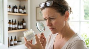 A middle-aged woman with reading glasses perched on her head intently uses a magnifying glass to read the small print label on a glass jar of skincare cream in a naturally lit room with shelves of bottles in the background.