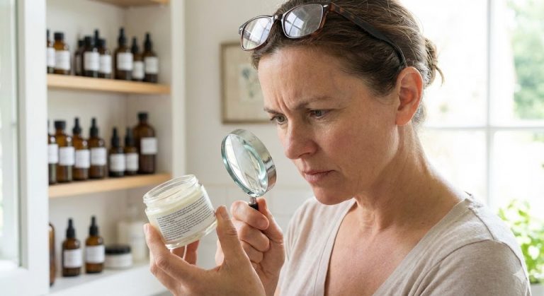 A middle-aged woman with reading glasses perched on her head intently uses a magnifying glass to read the small print label on a glass jar of skincare cream in a naturally lit room with shelves of bottles in the background.