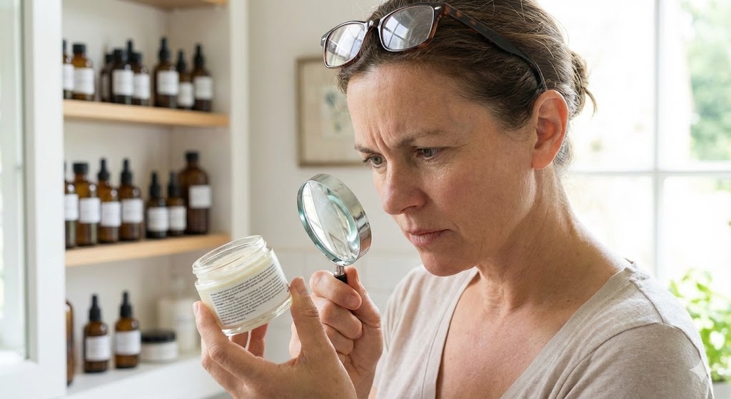 A middle-aged woman with reading glasses perched on her head intently uses a magnifying glass to read the small print label on a glass jar of skincare cream in a naturally lit room with shelves of bottles in the background.