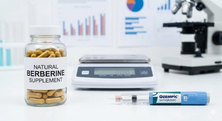 A clinical comparison photograph showing a bottle of "Natural Berberine Supplement" capsules alongside an "Ozempic (semaglutide)" injection pen on a laboratory workbench with a scientific scale, illustrating the berberine vs ozempic for weight loss discussion.