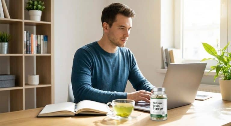 A focused man working on a laptop at a desk with a bottle of 'Natural Brain Support' supplements, green tea, and a notebook, illustrating the use of the best nootropics for brain fog and focus.