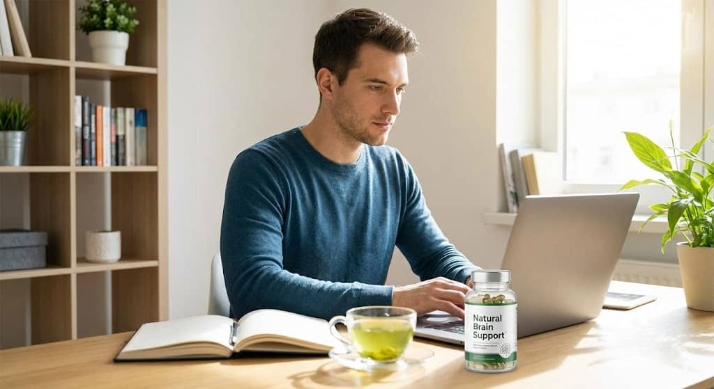 A focused man working on a laptop at a desk with a bottle of 'Natural Brain Support' supplements, green tea, and a notebook, illustrating the use of the best nootropics for brain fog and focus.