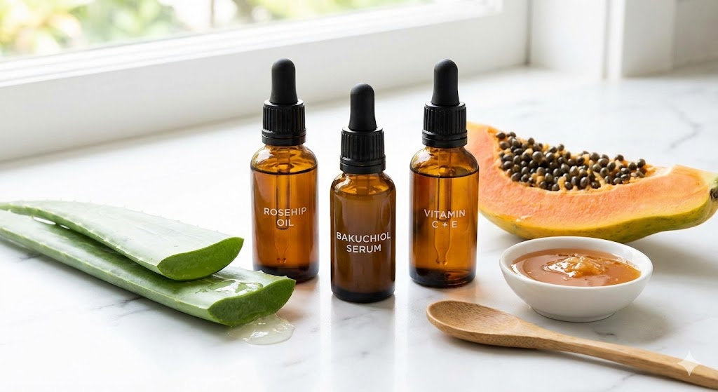 A collection of natural skincare products on a white marble counter, including amber bottles of Rosehip Oil, Bakuchiol Serum, and Vitamin C+E, alongside fresh aloe vera leaves, a slice of papaya, and a bowl of manuka honey.