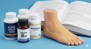 A display of supplements for peripheral neuropathy in feet, including bottles of Alpha Lipoic Acid, Vitamin B12, and Benfotiamine, next to an anatomical foot model showing nerves and a medical book on neuropathy research.