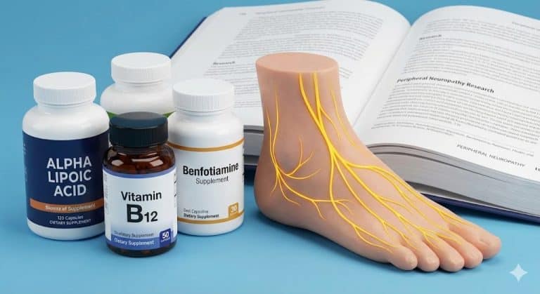 A display of supplements for peripheral neuropathy in feet, including bottles of Alpha Lipoic Acid, Vitamin B12, and Benfotiamine, next to an anatomical foot model showing nerves and a medical book on neuropathy research.
