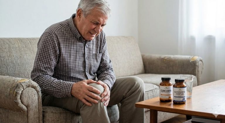 An older man clutching his knee in pain while sitting on a couch, with bottles of Curcumin and Glucosamine Complex supplements on a table next to him.