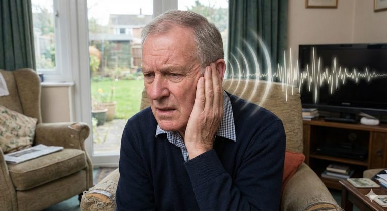 An older man with a frustrated and pained expression holds his hand to his ear, symbolizing the distress of tinnitus. A graphic waveform is superimposed near his head, visualizing the persistent ringing or buzzing sound.