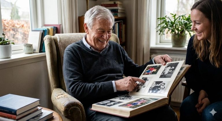 An older man with white hair and a younger woman with long brown hair are sitting in a cozy living room, smiling as they look through a photo album together. The man is pointing at a photo, and they both look happy.