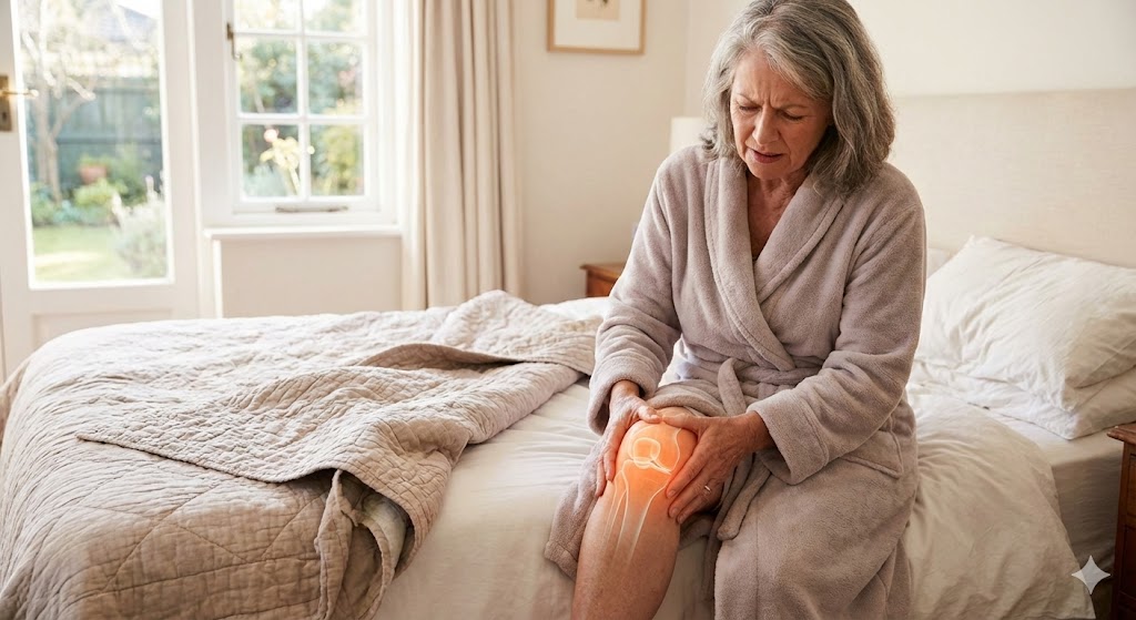 An older woman sits on the edge of her bed in a sunlit room, rubbing her painful knee with a wincing expression. A glowing orange graphic on her joint illustrates the morning stiffness and inflammation associated with arthritis.