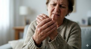 Close-up of an older woman with a look of discomfort rubbing her hands together to soothe joint pain and stiffness associated with arthritis.