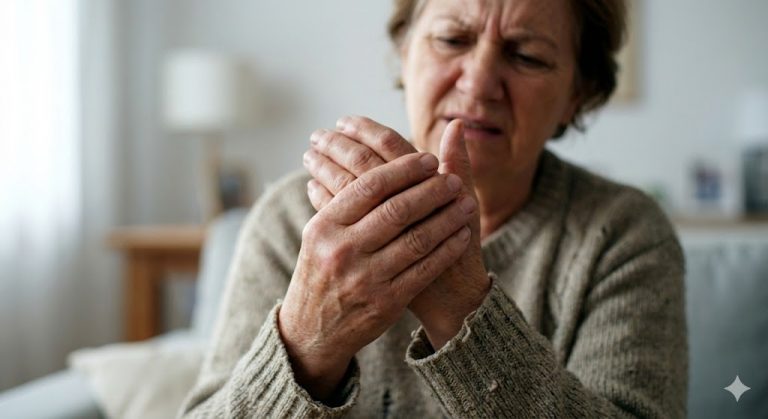 Close-up of an older woman with a look of discomfort rubbing her hands together to soothe joint pain and stiffness associated with arthritis.