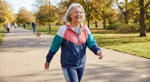 An older woman with grey hair smiles broadly as she walks briskly along a sunlit path in a park during autumn.