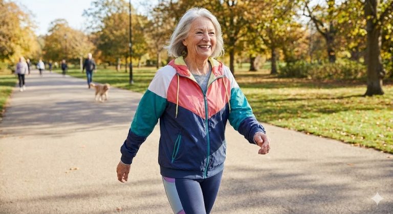 An older woman with grey hair smiles broadly as she walks briskly along a sunlit path in a park during autumn.