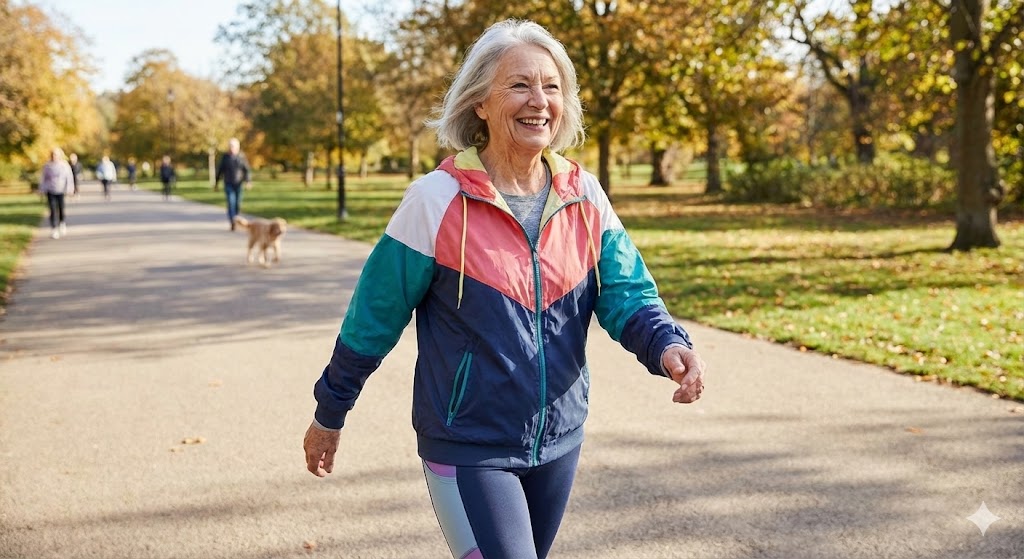 An older woman with grey hair smiles broadly as she walks briskly along a sunlit path in a park during autumn.