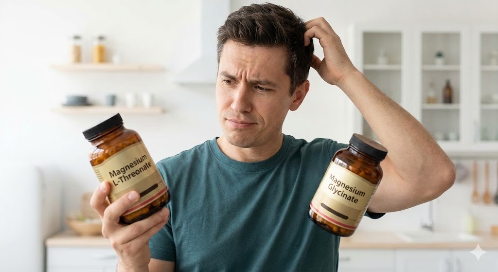A confused man holding bottles of Magnesium L-Threonate and Magnesium Glycinate, trying to choose between the two supplement forms.
