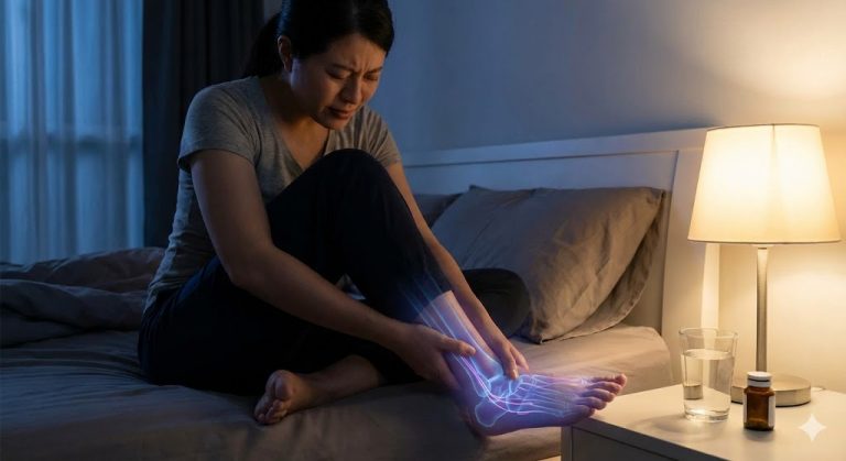 A person with a pained expression sitting on a bed at night, rubbing their foot with a glowing graphic visualizing diabetic neuropathy nerve pain and damage.