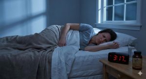 A sleepless woman suffering from insomnia in bed at 3:17 AM, looking distressed with a bottle of Magnesium Glycinate Capsules on her nightstand as a natural sleep remedy.