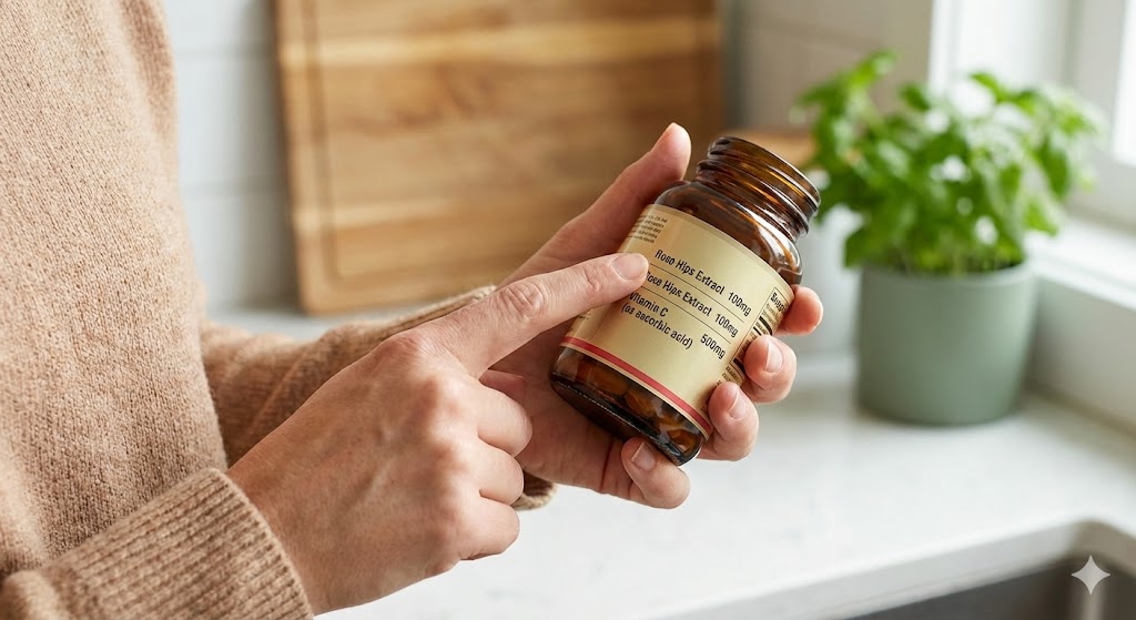 A person's hands holding a brown glass supplement bottle, with an index finger pointing at the "Rose Hips Extract 100mg" ingredient line on the label.