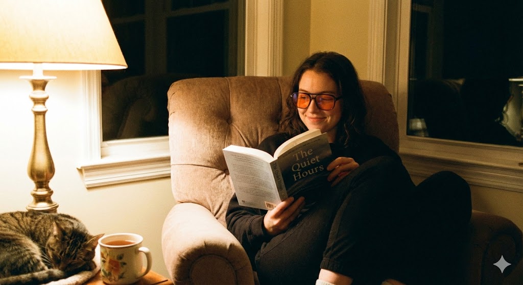 A woman wearing orange-tinted blue light blocking glasses smiles while reading a book in a cozy armchair at night, with a cat sleeping beside her.