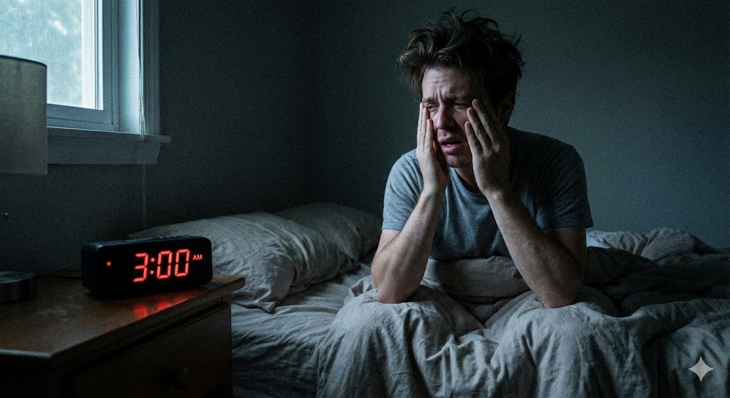 A stressed person sits in bed at 3:00 AM, wide awake and looking frustrated, illustrating sleep disruption and early morning awakening caused by a nighttime cortisol spike.