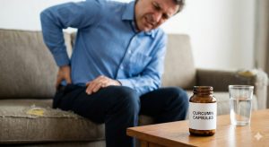A man with sciatica nerve pain clutching his lower back, with a bottle of curcumin capsules on a table as a natural relief option.
