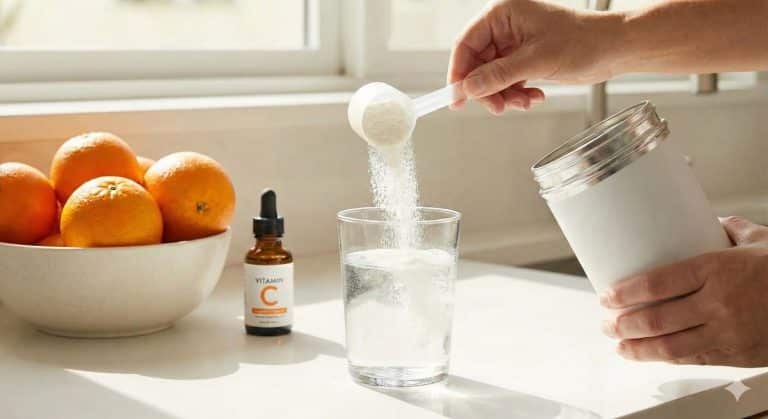 Hands pouring a scoop of unflavored collagen powder into a glass of water, next to a bowl of fresh oranges and a bottle of Vitamin C serum on a sunny kitchen counter.