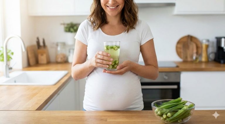 Smiling pregnant woman holding a glass of okra water in a modern kitchen.