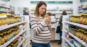 A pregnant woman in a striped sweater intently reading a supplement bottle label in a pharmacy aisle filled with shelves of vitamins.