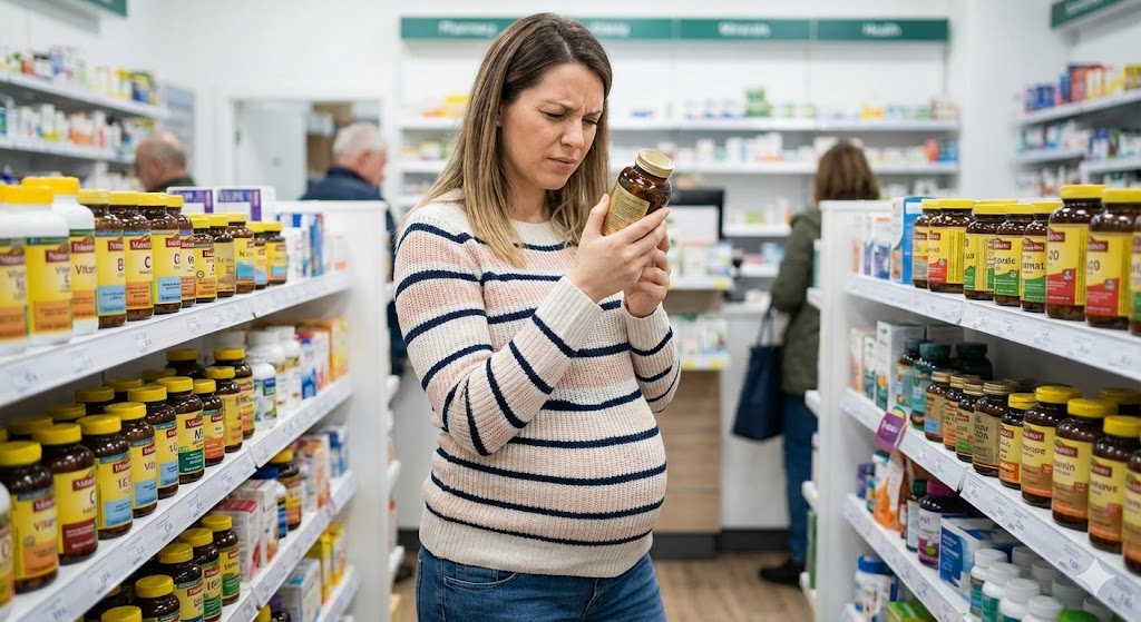 A pregnant woman in a striped sweater intently reading a supplement bottle label in a pharmacy aisle filled with shelves of vitamins.