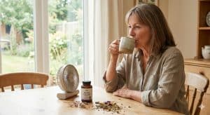 A relaxed woman drinking herbal tea with a bottle of black cohosh supplements and a small fan on the table, illustrating effective natural supplements for hot flashes.