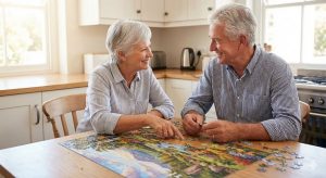 A smiling senior couple solving a jigsaw puzzle together in a bright kitchen, representing a mentally stimulating activity for older adults.