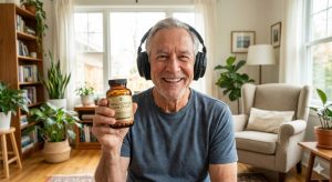 A smiling senior man wearing headphones in a bright living room holds up a bottle of Magnesium Glycinate supplements, highlighting its use for hearing health.