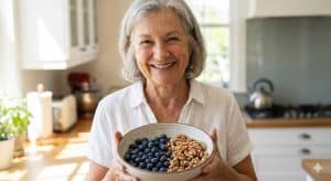 A smiling senior woman in a kitchen holding a bowl of antioxidant-rich blueberries and walnuts, which are common natural foods used to support brain health and memory in older adults.