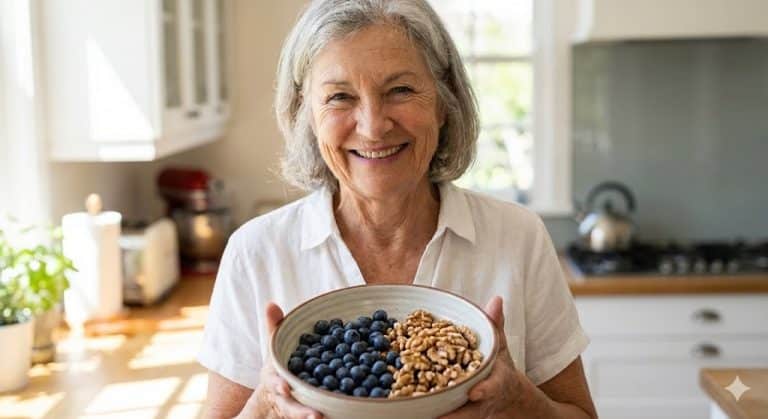 A smiling senior woman in a kitchen holding a bowl of antioxidant-rich blueberries and walnuts, which are common natural foods used to support brain health and memory in older adults.