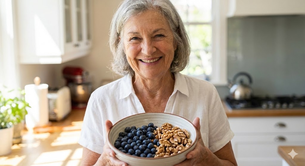 A smiling senior woman in a kitchen holding a bowl of antioxidant-rich blueberries and walnuts, which are common natural foods used to support brain health and memory in older adults.