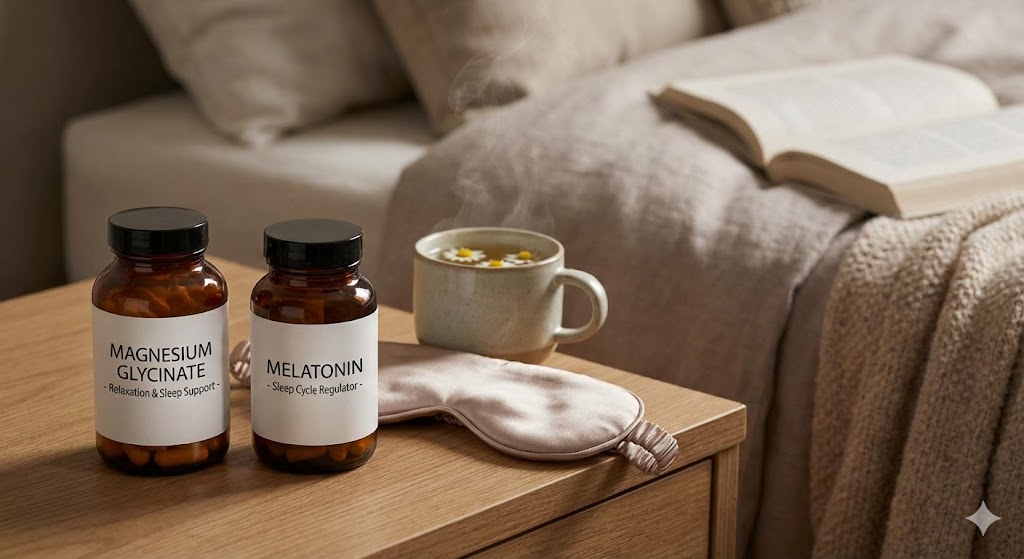 Two bottles of sleep supplements, one labeled Magnesium Glycinate and the other Melatonin, on a bedside table next to a sleep mask and herbal tea, illustrating the comparison for sleep aid choices.