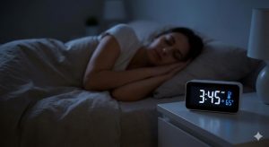 A woman sleeps peacefully in a brightly lit bedroom. A digital clock on the white nightstand next to her displays the time 3:45 AM and a cool room temperature of 65°F with a snowflake icon.