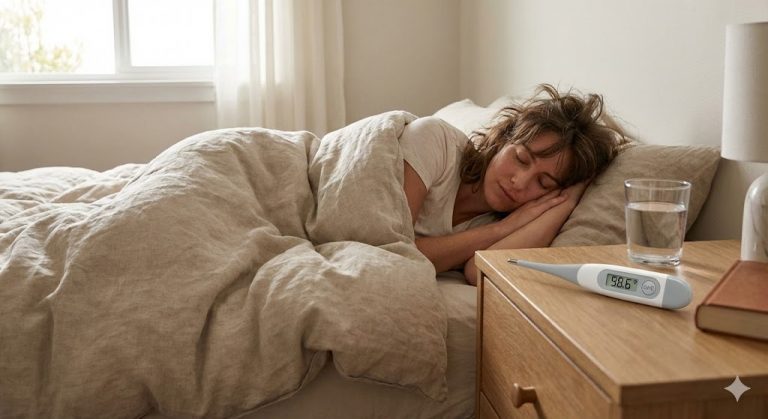 A woman sleeping peacefully in bed with a digital thermometer displaying 98.6 on the nightstand beside her.