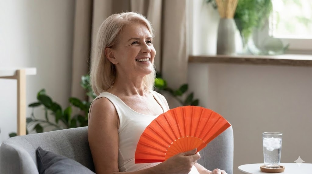 A smiling middle-aged woman with blonde hair sits on a grey sofa, holding an open orange hand fan and looking comfortable and relieved, with a glass of ice water on a side table next to her.