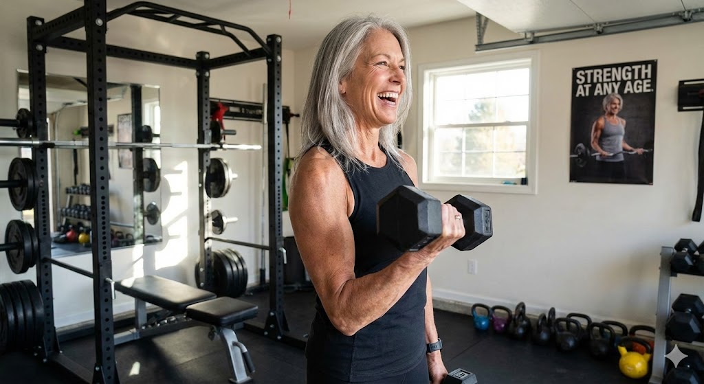 A fit woman over 50 with gray hair smiling broadly while performing a bicep curl with a dumbbell in a well-equipped home gym with a "Strength at Any Age" poster in the background.