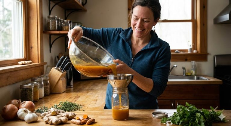 A smiling woman pours homemade fire cider from a bowl into a jar in a rustic kitchen.