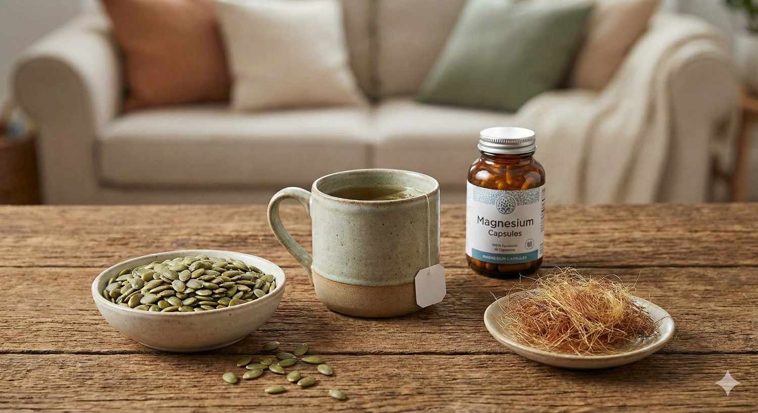 A close-up of a wooden table arranged with natural health items, including a bowl of pumpkin seeds, a mug of herbal tea, a bottle of magnesium capsules, and a small dish of dried fibers.