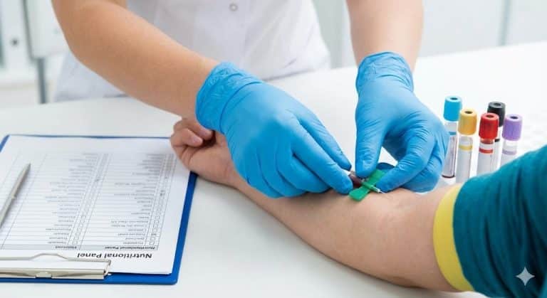 A close-up of a person's arm with a tourniquet getting a blood draw in a clinical setting.