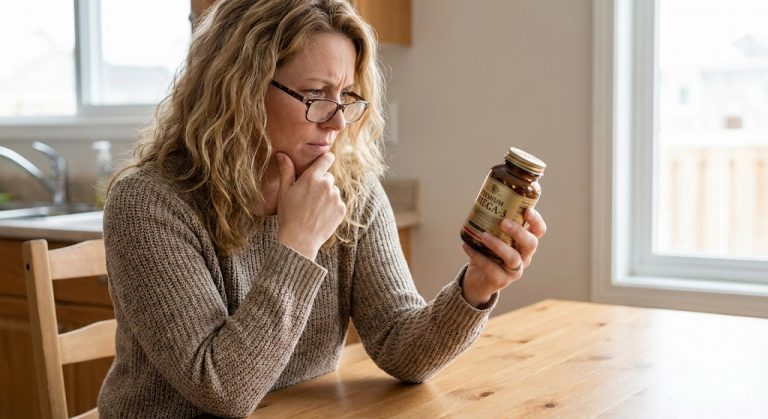 A thoughtful woman in her 40s with glasses reads a Premium Omega-3 supplement label in a kitchen.