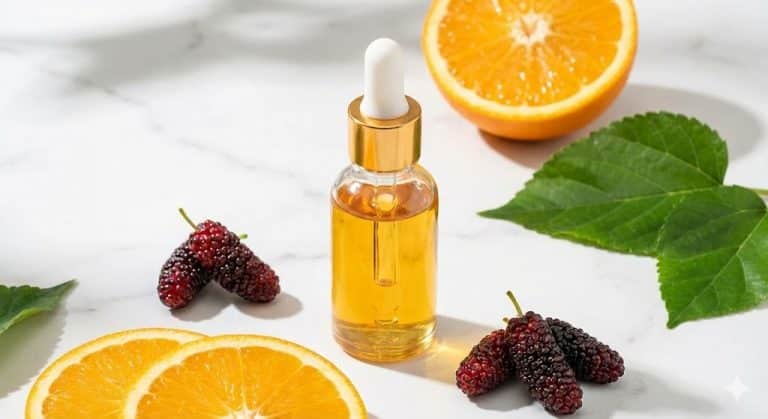 A close-up photo of a dropper bottle containing a golden serum surrounded by fresh mulberries and citrus slices on a white surface.