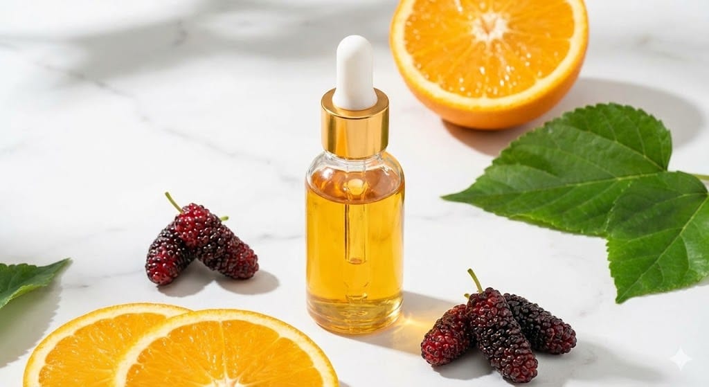 A close-up photo of a dropper bottle containing a golden serum surrounded by fresh mulberries and citrus slices on a white surface.